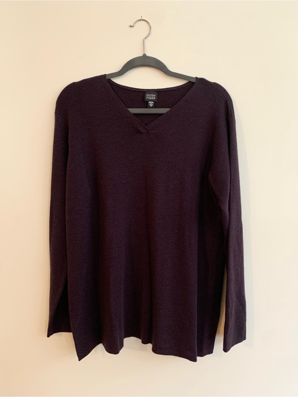 Eileen Fisher Italian Yarn V-Neck Tunic Merino Wool Sweater in deep plum
